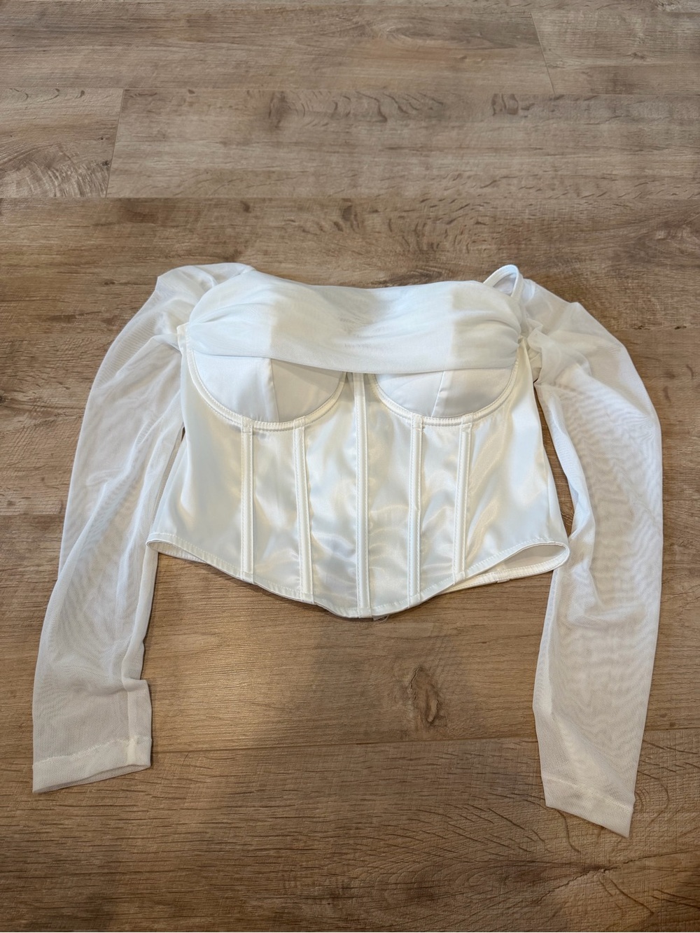 Windsor White Satin Off-the-Shoulder Corset Crop Top with Sheer Sleeves